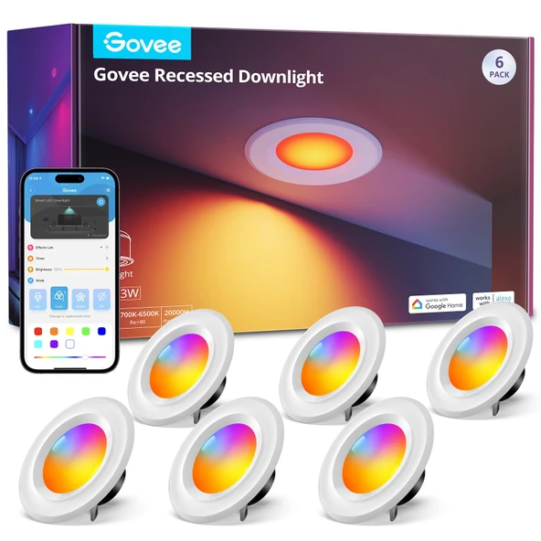 Govee Smart Retrofit Recessed Aydınlatma 6 inç, Wi-Fi Bluetooth Doğrudan Connect RGBW Retrofit Işıklar, 65 Sahne Modus, Alexa & Google Asistan ile çalışır, 1000 Lumens, 6 Pack ürün görseli 1