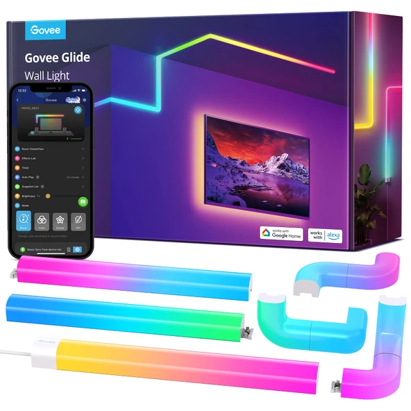 Govee Glide RGBIC LED Duvar Işıkları, Music Sync Home Decor LED Light Bar for Game TV Bedroom Streaming, Multicolor Customizable, 9 ve 6 Corners ürün görseli 1