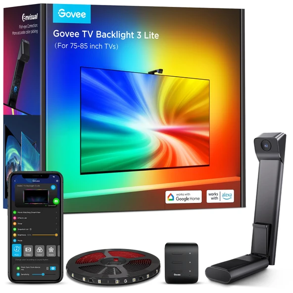 Govee TV Backlight 3 Lite with Fish-Eye Fix Function You to 75-85 inç TVs, 16.4ft RGBICW Wi-Fi LED Strip Işıklar with Camera, 4 Colors in 1 Lamp Bead, Voice and APP Control, Adaptör ürün görseli 1