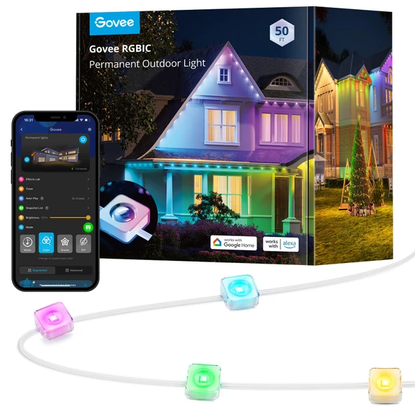 Govee Sürekli Açık Işıklar, Smart RGBIC Outdoor Dekorasyon 75 Sahne Modları, 36 LED Işıklar ile 50ft, Holiday Dekorasyonlar için IP67 Su, Alexa, Google Asistan, White ürün görseli 1