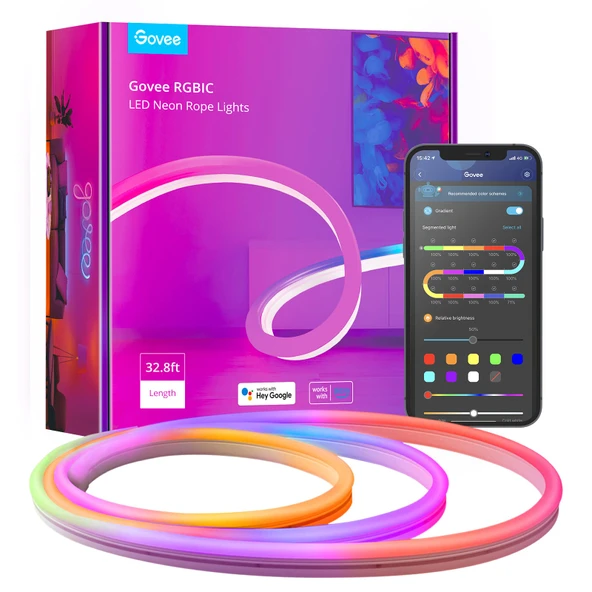 Govee 32.8ft Neont Light, RGBIC Rope Lights with Music Sync, DIY Design, Works with Alexa, Google Asistan, Strip Lights for Bedroom, Living Room, Game (Not Support 5G WiFi) ürün görseli 1