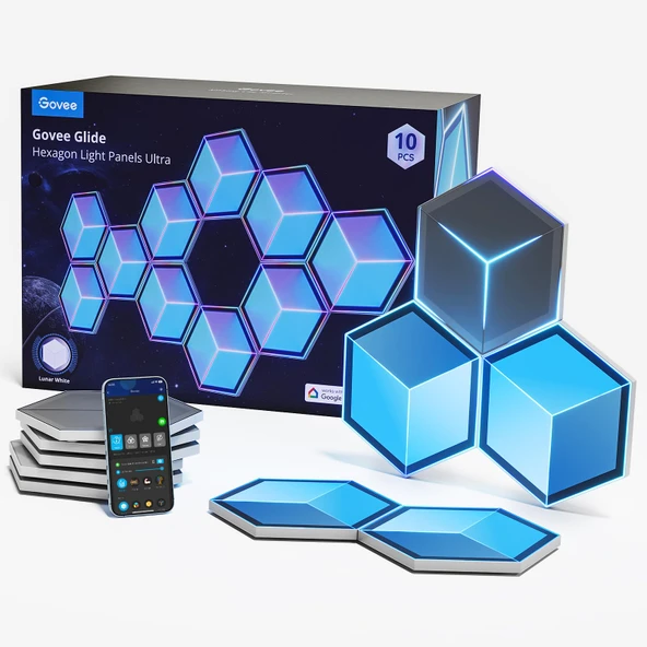 Govee Glide Hexagon Light Ultra, RGBIC 3D, Wi-Fi duvar lambası 129 LED, Alexa ile çalışır, 60 sahne modu, oyun, duvar, oda dekorasyonu, 10 panel Meteor Gri ürün görseli 1