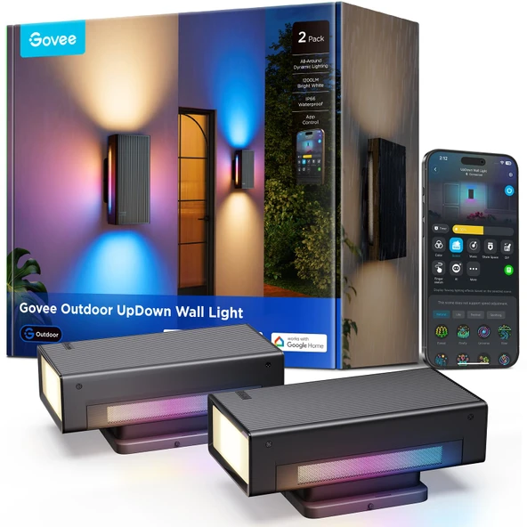 Govee Outdoor UpDown Wall Light, 2 Pack, 1200LM RGBICWW Smart Porch Işıkları 64 Sahne Modes, IP66 Sualtı Duvarı Açık Giyim için Şey, Alexa, Google Asistan ve Madde ile Çalışıyor ürün görseli 1