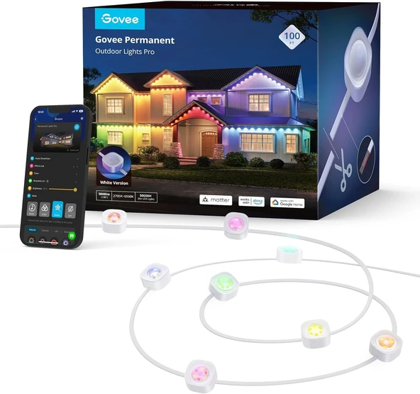 Govee Kalıcı Dış Mekan Işıkları Pro 30 m, 60 RGBIC sıcak/soğuk beyaz LED ışık, parti için 75 sahne modu, IP67 su geçirmez, Alexa, Google Assistant ve Matter ile çalışır ürün görseli 1