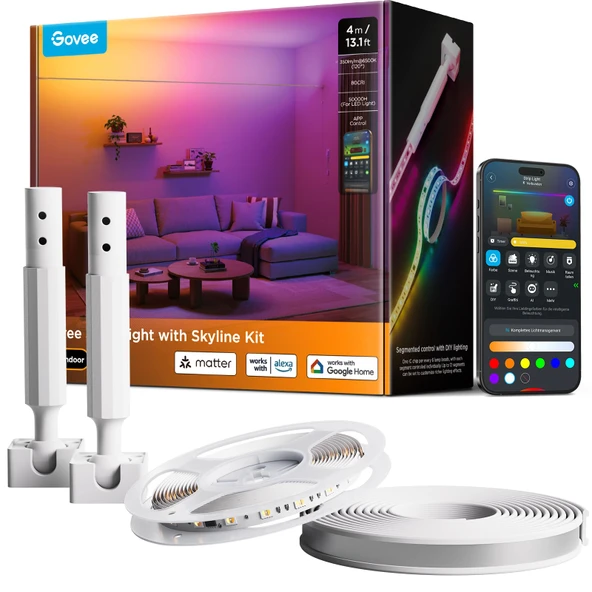Skyline Kitli Govee LED Şerit, düşük doygunluğa sahip RGBWWIC LED şerit renkli aydınlatma, Matter, Alexa ve Google ile uyumlu, 154+ sahne, bölümlü renk kontrolü, kayan duvara montaj, 4 m ürün görseli 1