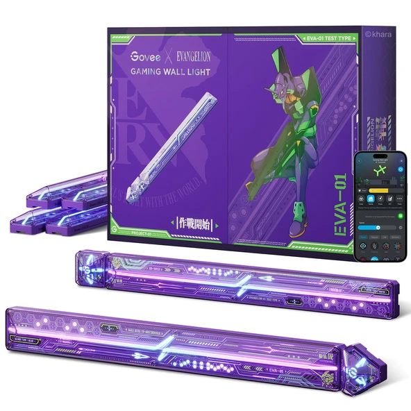 Govee x Evangelion Game Wall Light, RGBIC Glide Wall Light, Matter, Alexa ve Google Asistanı ile Çalışmak, DIY Özel LED Duvar Aydınlatma Etkileri ve Şekilleri, Oyun Odası içinGaming Light Bar ürün görseli 1