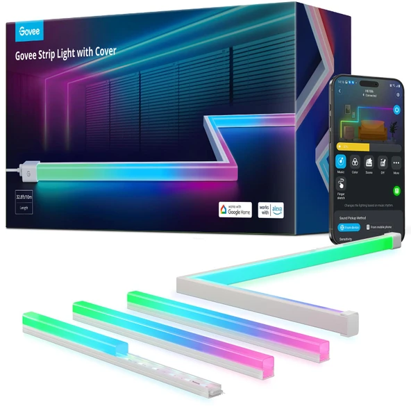 Govee RGBIC LED Strip Lights 32.8ft with Covers, Smart Lights Work with Alexa and Google Asistan, LED Diffuser Channel with LED Lights for Bedroom, Skirting Lines, Studio, Cabin ürün görseli 1