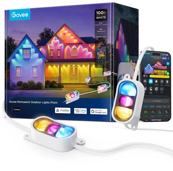 Govee Sürekli Açık Işıklar Prism, 36 Triple-Renk Aydınlatma Başları, 100+ Sahne Modları, Açık Dekorasyon için 60lm, IP68 Su, Alexa ile çalışır, Google Asistan & Matter, White ürün görseli 1