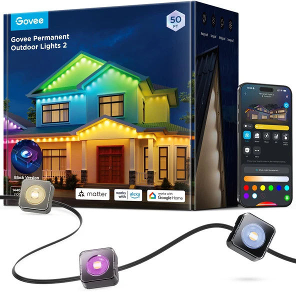 Govee Sürekli Açık Işıklar 2, 50ft RGBIC Açık Işıklar 36 LED Işıklar, IP67 Sular, 40lm ile 100 Sahne Modları Açık Dekorasyonlar için Beyaz, Alexa ile çalışır, Google Asistan, Black ürün görseli 1