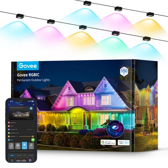 Govee Sürekli Açık Işıklar, Smart RGBIC Outdoor Dekorasyon 75 Sahne Modları ile 150ft, 108 LED Işıklar, IP67 Tatil Dekorasyonları için Sular, Alexa ile Uyumlu, Google Asistan, Black Lions ürün görseli 1
