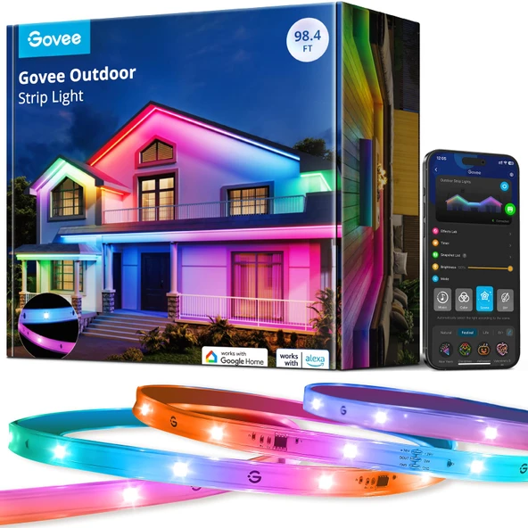 Govee Outdoor LED Strip Işıklar, 98.4ft Akıllı Açık Işıklar Alexa ve Google Asistan ile çalışır, App Control, IP65 Su ısıtıcısı, RGBIC Lights for Patio, Eave, Parti Dekorasyonları ürün görseli 1