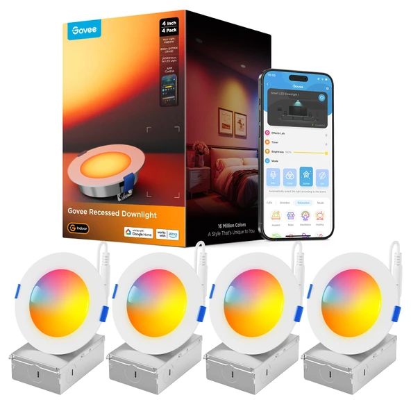Govee Smart LED gömme spot ışıklar 11W, RGBWW gömme ışıklar 120 mm kısılabilir, Matter ve Alexa 850LM ile uyumlu ultra düz tavan spotları, banyo, mutfak, oturma odası için gömme spotlar, 4'lü paket ürün görseli 1