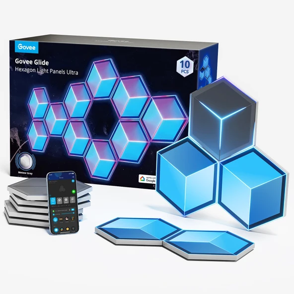 Govee Glide Hexagon Light Panel Ultra, RGBIC 3D Duvar Işıkları DIY Programı, 60 Sahne ve 129 Lamp Beads, Game Light for Game Room, XS with Alexa, 10 Pack Meteor Gray Gray ürün görseli 1