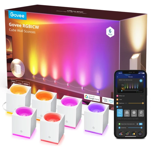 Govee Cube Wall Snows, RGBIC LED Duvar Işığı Alexa ile çalışır, Oda Dekorasyonu için WiFi Smart Işıklar, Odalar Yemek Odası için Renk Değiştirilmiş Işık Fixture, Müzik Sen, Atıcı Kablolar, 15ft ürün görseli 1