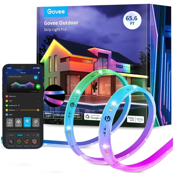 Govee Dış Mekan LED Şerit 20m, sıcak beyaz ve soğuk beyaza sahip RGBIC Pro, Alexa'lı IP65 su geçirmez LED şerit, çatı balkon bahçesi için DIY çok renkli ürün görseli 1