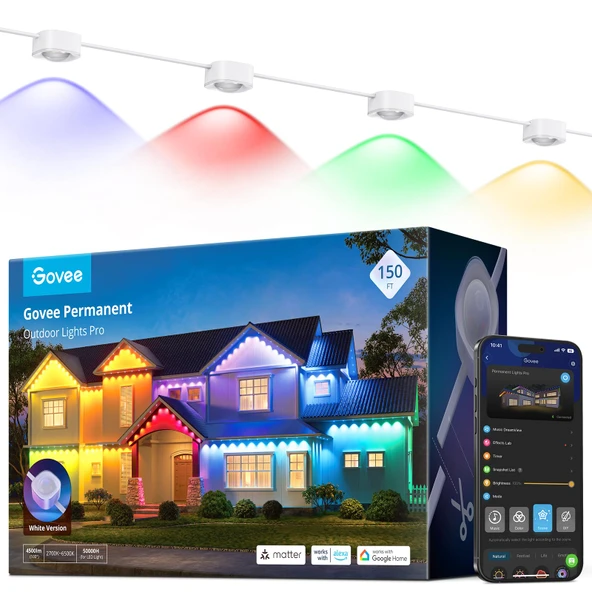 Govee Sürekli Açık Işıklar Pro, Günlük ve Accent Aydınlatma için 90 RGBIC LED Işıklar ile 150ft, Açık, IP67 Sular, Alexa ile çalışır, Google Asistan, Madde, White ürün görseli 1