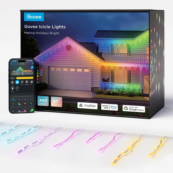 Govee Icicle Lights, Smart RGBIC Christmas Icicle Lights for outside, 33ft with 400 LEDs Icicle Noel Işıkları Açık, IP65 Sular, Müzik Sen, Ses Kontrolü, 78+ Sahne Moduları ürün görseli 1