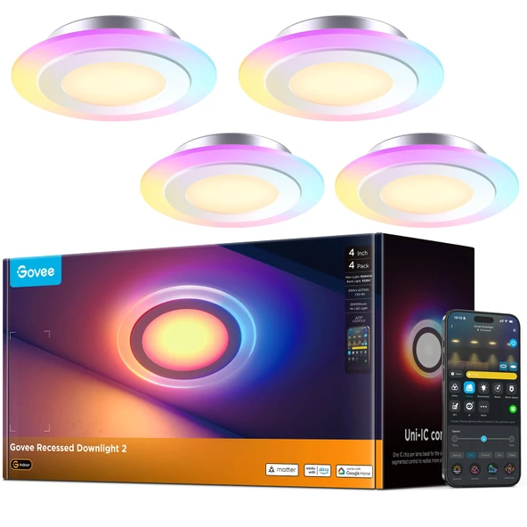 Govee Smart gömme spot LED, RGBWW LED spot 230V, 900LM, Matter ve Alexa ile uyumlu 11,5W tavan spotları, 2700K-6500K kısılabilir, mutfak oturma odası için 99mm spot tavan lambası, 4'lü paket ürün görseli 1