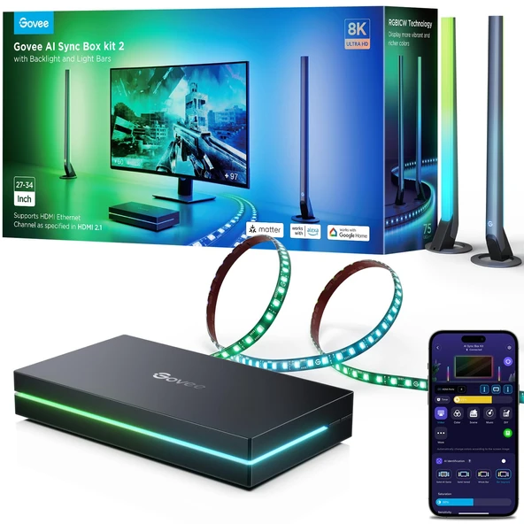 Govee HDMI 2.1 Sync Box Kit 2, ışık çubuğu ve LED şerit ile, 8K@60Hz, 4K@144Hz, VRR ve ALLM'yi destekler, Dreamview, Matter ve Alexa ile çalışır, 27-34 inç monitör arka ışığı ürün görseli 1