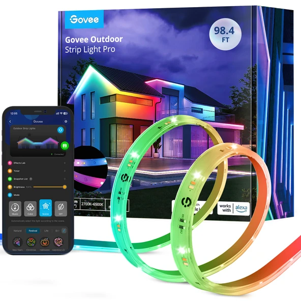 Govee Dış Mekan LED Şerit Pro 30m, sıcak beyaz ve soğuk beyaz ile RGBIC, IP65 su geçirmez, renk kontrolü DIY, çatı, balkon, bahçe, yüzme havuzu için dış mekan LED şerit ürün görseli 1