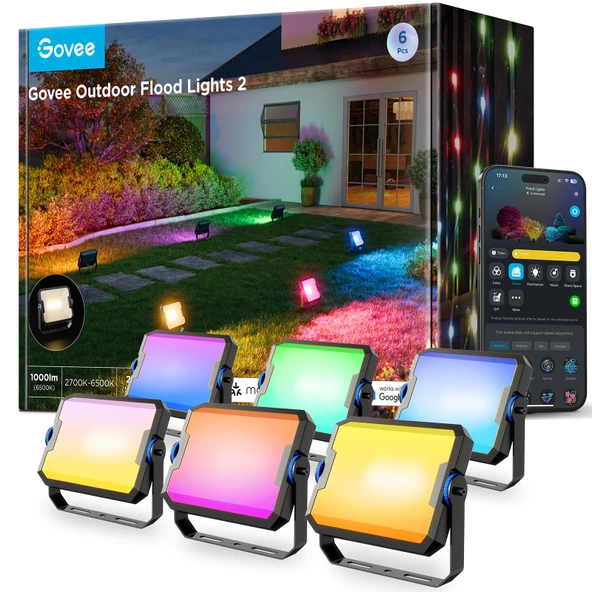 Govee Açık Taş Işıklar 2, RGBIC Warm Cold White LED Işıklar, 50 Sahne Modları, Peyzaj Aydınlatma, App Kontrollü IP66, Wired 6 Pack ürün görseli 1