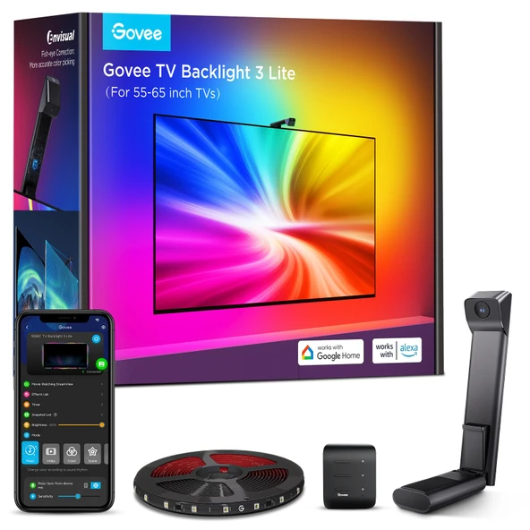Balık gözü düzeltme işlevine sahip Govee TV arka ışığı 3 Lite, 55-65 inç TV'ler için senkronizasyon, kameralı 3,6M RGBICW WiFi TV LED şeridi, 1 lamba boncukunda 4 renk, ses ve APP kontrolü ürün görseli 1