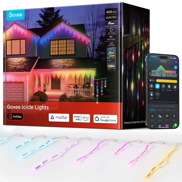 Govee Icicle Fairy Lights 10M, 400 LED'li Akıllı RGBIC Işık Perdesi Dış Mekan Peri Işıkları, IP67'ye kadar su geçirmez, 78+ Sahne Modu, Müzik Senkronizasyonu, Alexa ve Google Assistant ile uyumlu ürün görseli 1