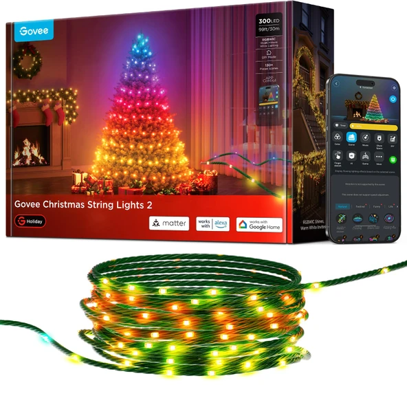 Govee Christmas Lights 2, RGBWIC 99FT 300LEDs Holiday String Işıkları Şekil Mapping Function, Smart LED Cooking for Closed Outdoor Tree, 130+ Preset Sahneleri, Ses ve APP Control, Green Wire ürün görseli 1