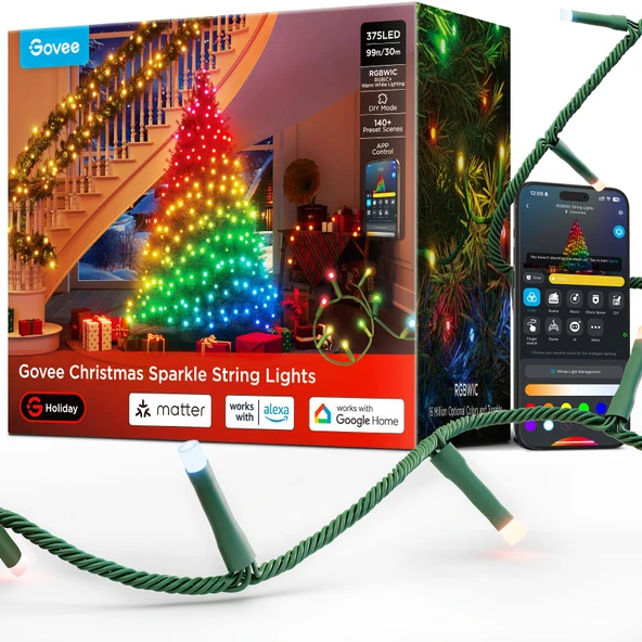 Govee Noel Işıltılı Dize Işıklar, İç Mekan Noel Peri Işıkları, 375 LED'li 30M RGBWIC Işıklar, Noel Süslemeleri için 140+ Dinamik Sahne Modu, Alexa ile APP Kontrolü ürün görseli 1