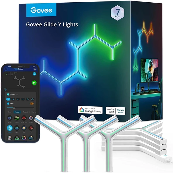 Govee Glide Y Işıkları, RGBIC LED Oyun, Müzik Senkronizasyonu ve 40'tan Fazla Sahne Modu ile Akıllı Ev DIY Yaratıcı Dekoratif Işıklar, Oturma Odası için Wi-Fi Duvar Lambaları, Yatak Odası, 7'li Paket ürün görseli 1