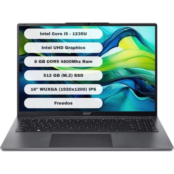 Aspire Lite AL16-51P-580H Intel Core i5 1235U 8GB 512GB SSD Freedos 16" Taşınabilir Bilgisayar NX.KWZEY.001 ürün görseli 1