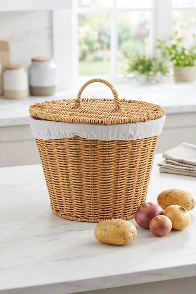 Atbyhome Kapaklı Bezli Hasır Patates Soğan Sepeti - 28x23 cm Mutfak Düzenleyici ürün görseli 1