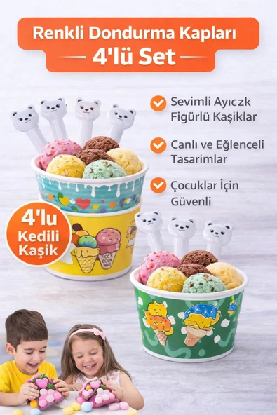 4 Parça Renkli Dondurma Kasesi Kaşık Seti Sevimli Kedi Figürlü Plastik ürün görseli 1
