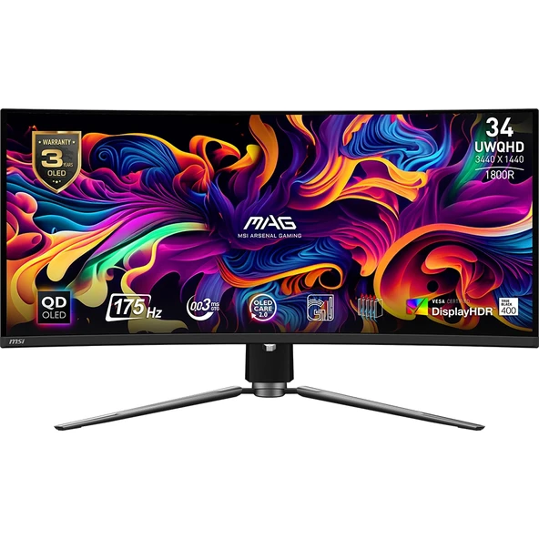 MSI MAG 341CQP QD-OLED 34 3440x1440 UWQHD 175Hz 0.03 ms Curve 1800R QD-OLED HDMI DP Type-C HDR 400 FreeSync Premium Pro Gaming Monitör ürün görseli 1