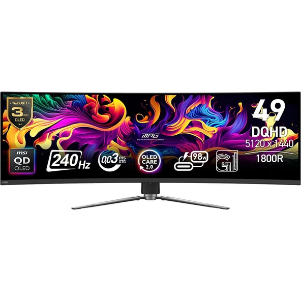 MSI MPG 491CQPX QD-OLED 49 5120x1440 DQHD 240Hz 0.03 ms Curve 1800R QD-OLED HDMI DP Type-C True Black 400 G-Sync Gaming Monitör ürün görseli 1