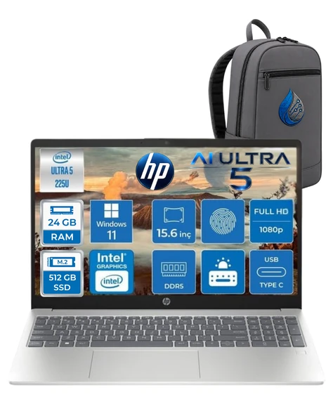 Hp Laptop AI 15-FD2020NT Intel® Core Utra5 225U 24 GB DDR5 512 GB SSD Intel® Grafik Kartı 15,6'' Fhd IPS 300Nit Windows 11 Home CK6C5EARNP04+ÇANTA ürün görseli 1