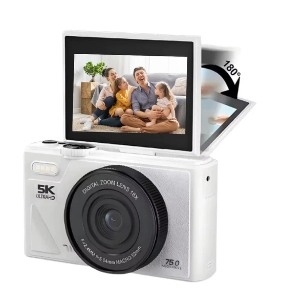 YECO 5K Dijital Kamera 75MP, 18X Zoom, Flaşlı, Beyaz Renk, Vlog Kamera, MP4 Video, Türkçe Menü ürün görseli 1