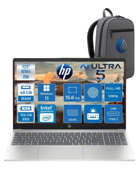 Hp Laptop AI 15-FD2020NT Intel® Core Ultra5 225U 48 GB DDR5 512 GB SSD Intel® Grafik Kartı 15,6'' Fhd IPS 300Nit Windows 11 Home CK6C5EARNP13+ÇANTA ürün görseli 1