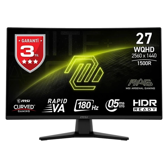 MSI MAG 274CQF 27 2560x1440 180Hz 0.5ms HDMI DP Adaptive Sync Curved 1500R Gaming Monitör ürün görseli 1