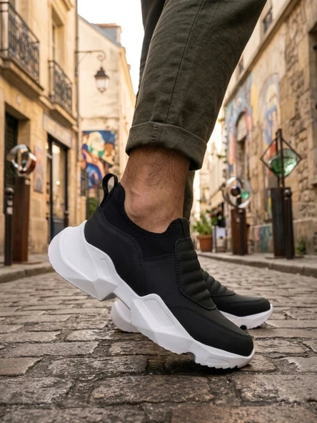 Siyah (Beyaz Taban) Bağcıksız Yüksek Taban Erkek Sneaker Bot ürün görseli 1