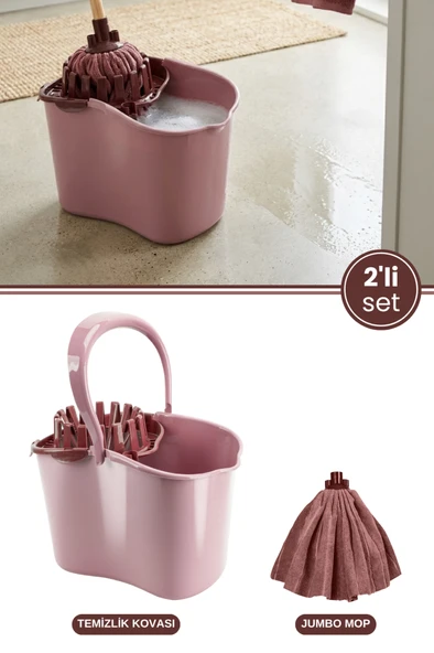 Flora Sıkmalı Temizlik Yer Silme Kovası 15 litre + Süper Emici Mikrofiber Jumbo Havlu Mop 2’li Seti ürün görseli 1