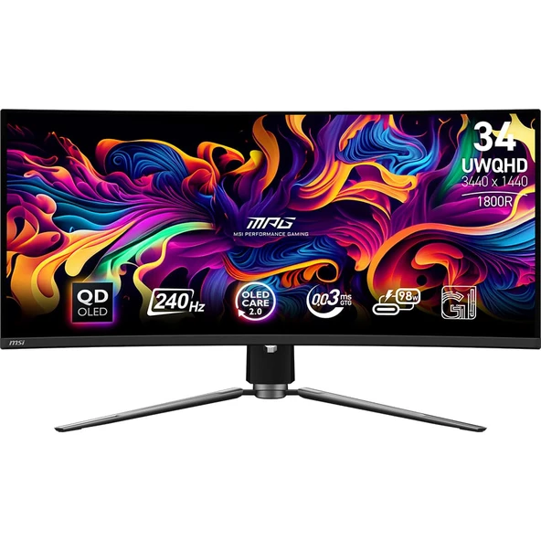 MSI MPG 341CQPX QD-OLED 34 3440x1440 UWQHD 240Hz 0.03 ms Curve 1800R QD-OLED HDMI DP Type-C True Black 400 FreeSync Premium Pro Gaming Monitör ürün görseli 1