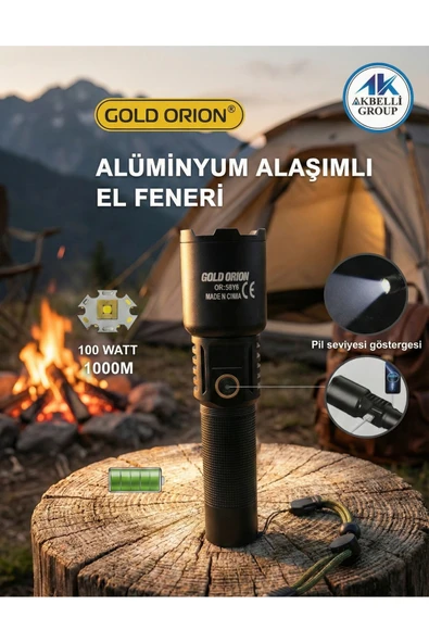 Gold Orion 6000 Lümen Ultra Parlak Led El Feneri - 100W Şarjlı 1000 Metre Menzilli Su Geçirmez Fener ürün görseli 1