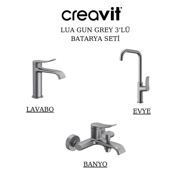 Creavit Lua Metalik Gri Lavabo-Banyo-Eviye Bataryası 3'lü Set LU1500GR-LU2500GR-LU8500GR ürün görseli 1