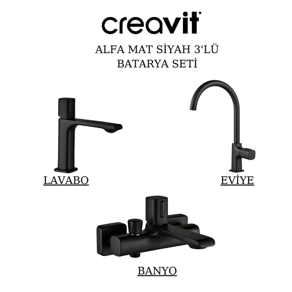 Creavit Alfa Mat Siyah Lavabo-Banyo-Eviye Bataryası 3'lü Set AL1500S-AL2500S-AL8500S ürün görseli 1