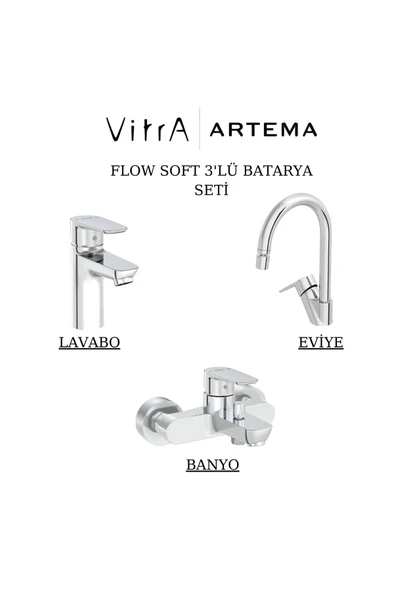 Artema Flow Soft Krom Lavabo-Banyo-Eviye Bataryası 3'lü Set A42988-A42946-A43404 ürün görseli 1