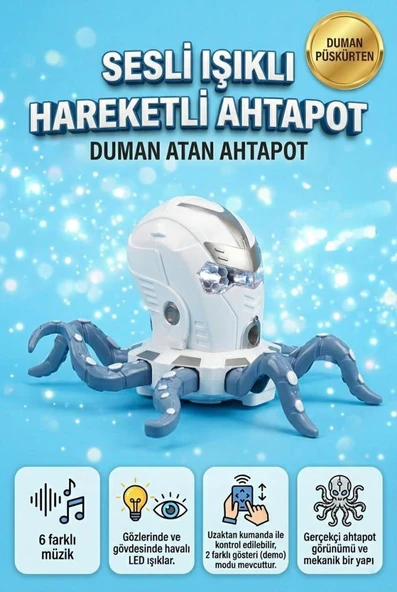 Uzaktan Kumandalı 8 Fonksiyonlu 2.4GHz Şarjlı Işıklı Sesli Duman Atan Oyuncak Robot Ahtapot ürün görseli 1