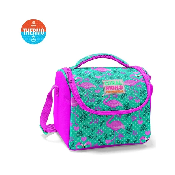 Coral High Kids Su Yeşili Pembe Flamingo Desenli Thermo Beslenme Çantası 11712 ürün görseli 1