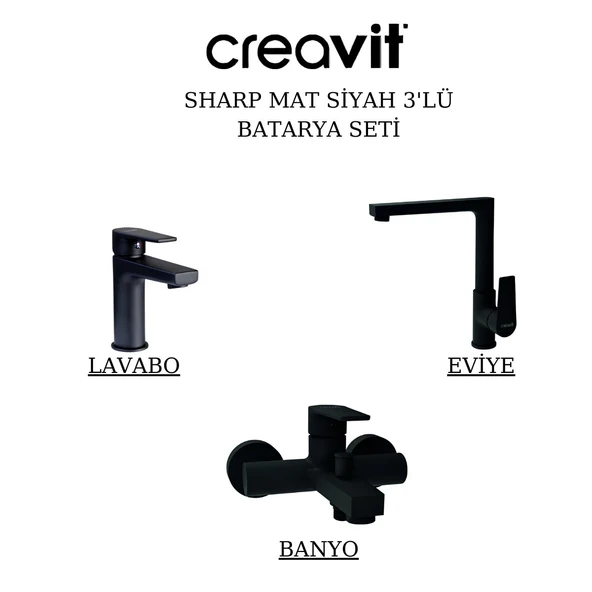 Creavit Sharp Mat Siyah Lavabo-Banyo-Eviye Bataryası 3'lü Set SR1500S-SR2510S-SR8500S ürün görseli 1