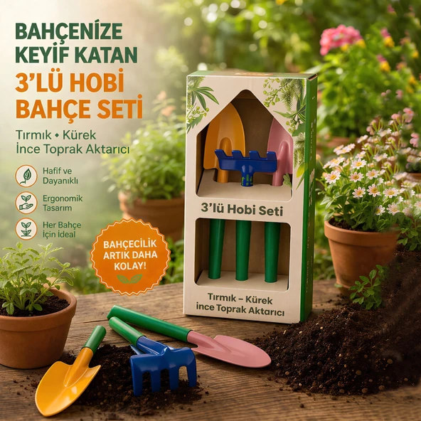 Hobi 3'lü Set Çapa Tırmık Metal Bahçe Tarla Çim Peyzaj Bitki Çiçek Ekme Toprak İşleme Küreği Küçük ürün görseli 1